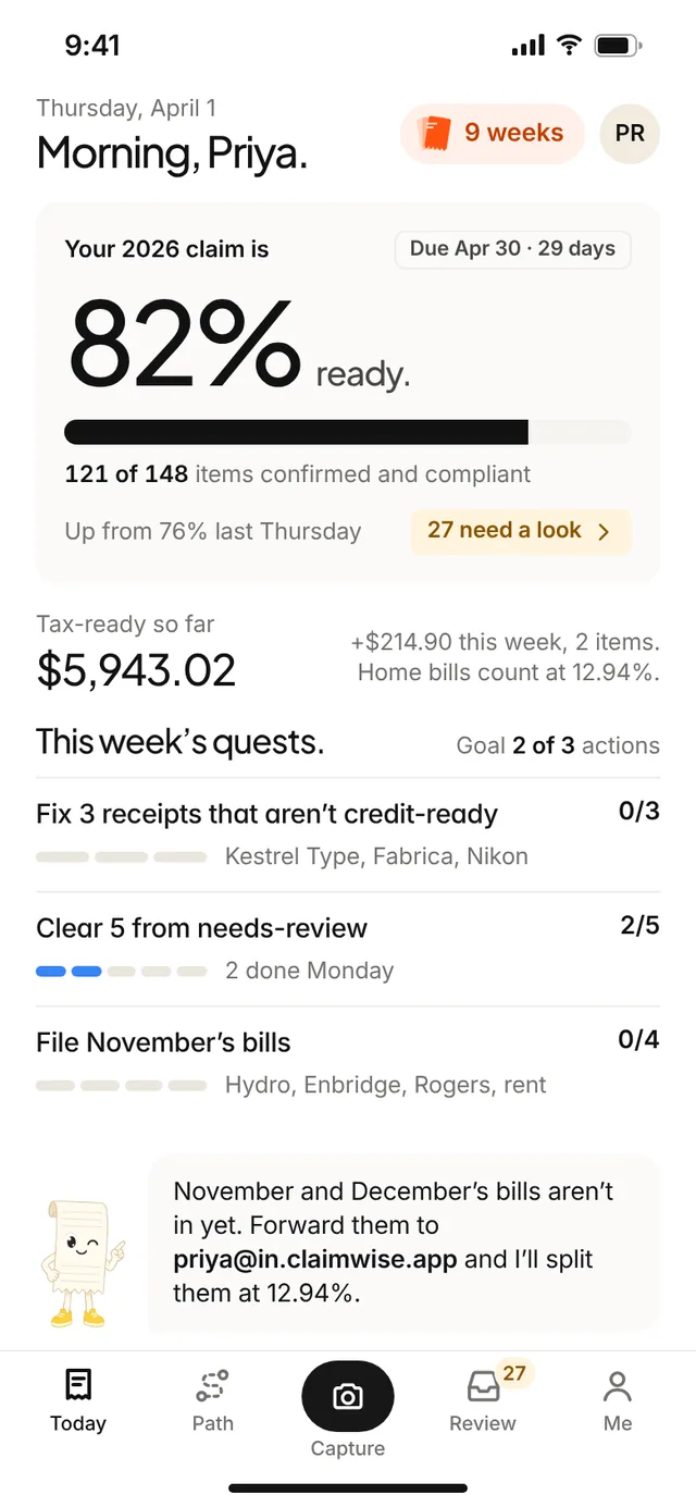 Claimwise Today screen: 82% ready, $5,943.02 tax-ready