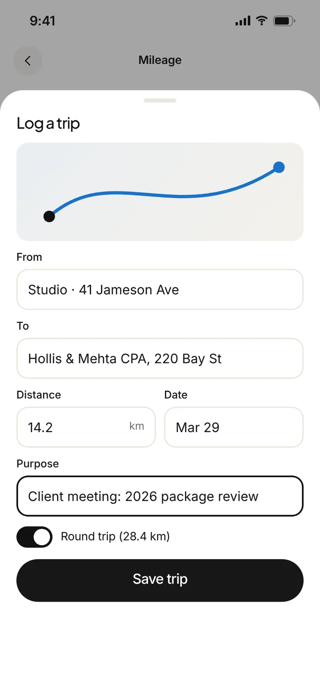 Claimwise app screen: mileage add