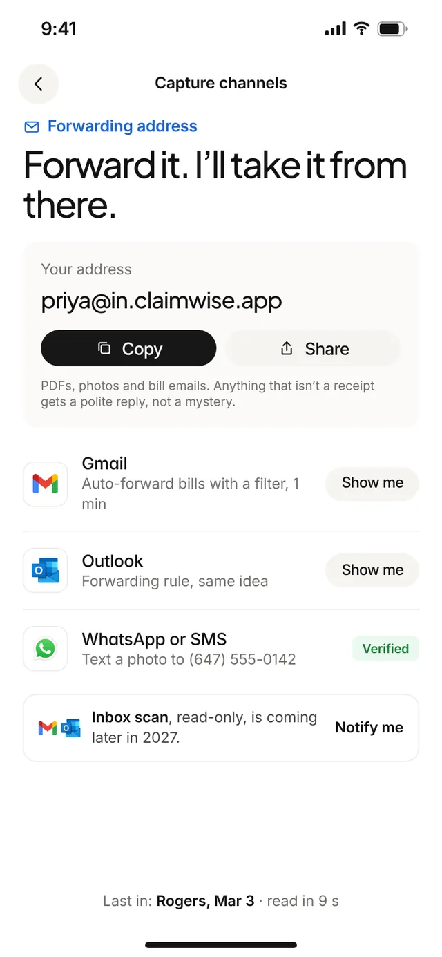 Claimwise app screen: forwarding