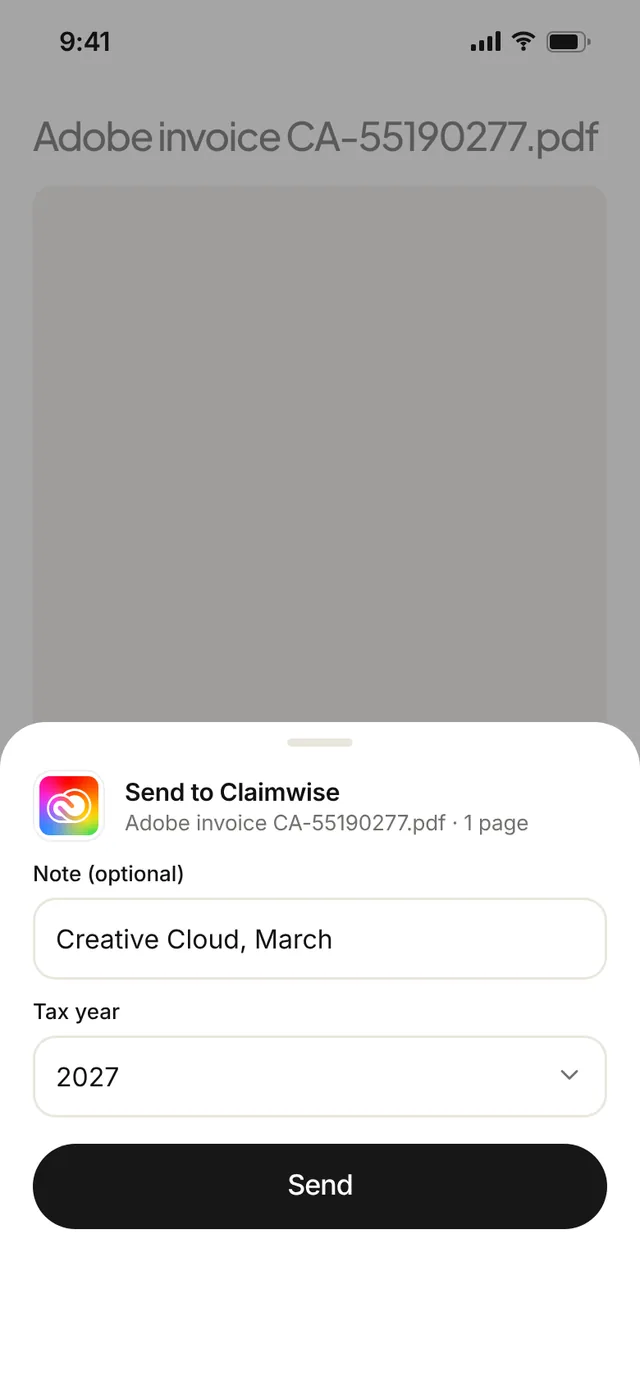 Claimwise app screen: share sheet