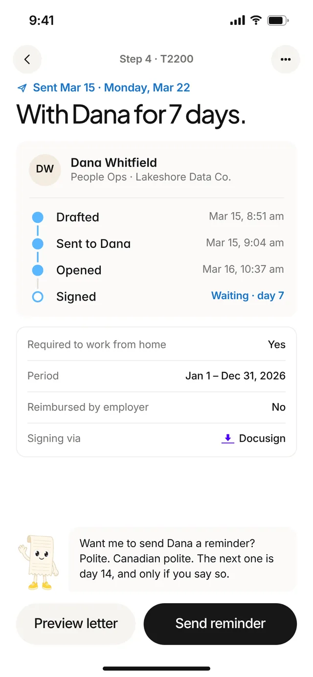 Claimwise app screen: t2200 sent