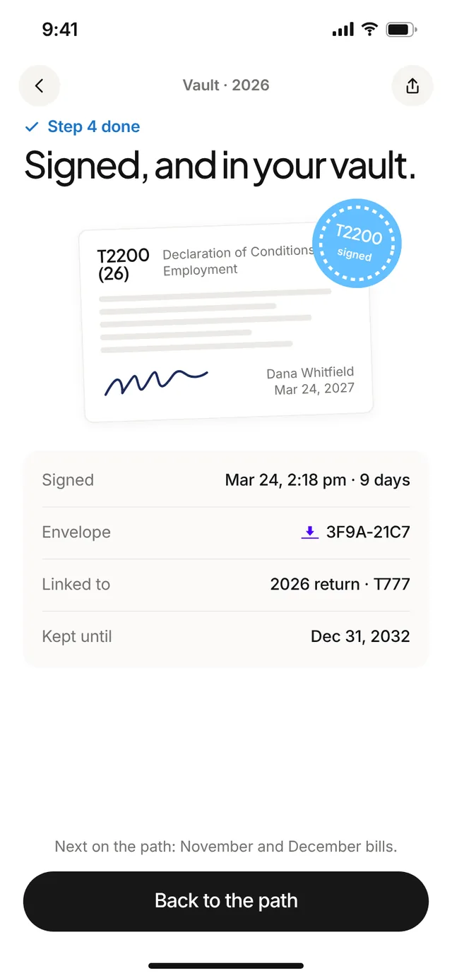 Claimwise app screen: t2200 signed