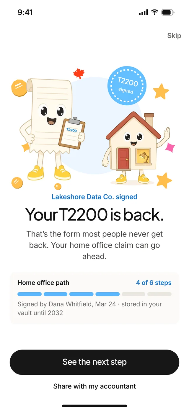 Claimwise app screen: celebrate t2200