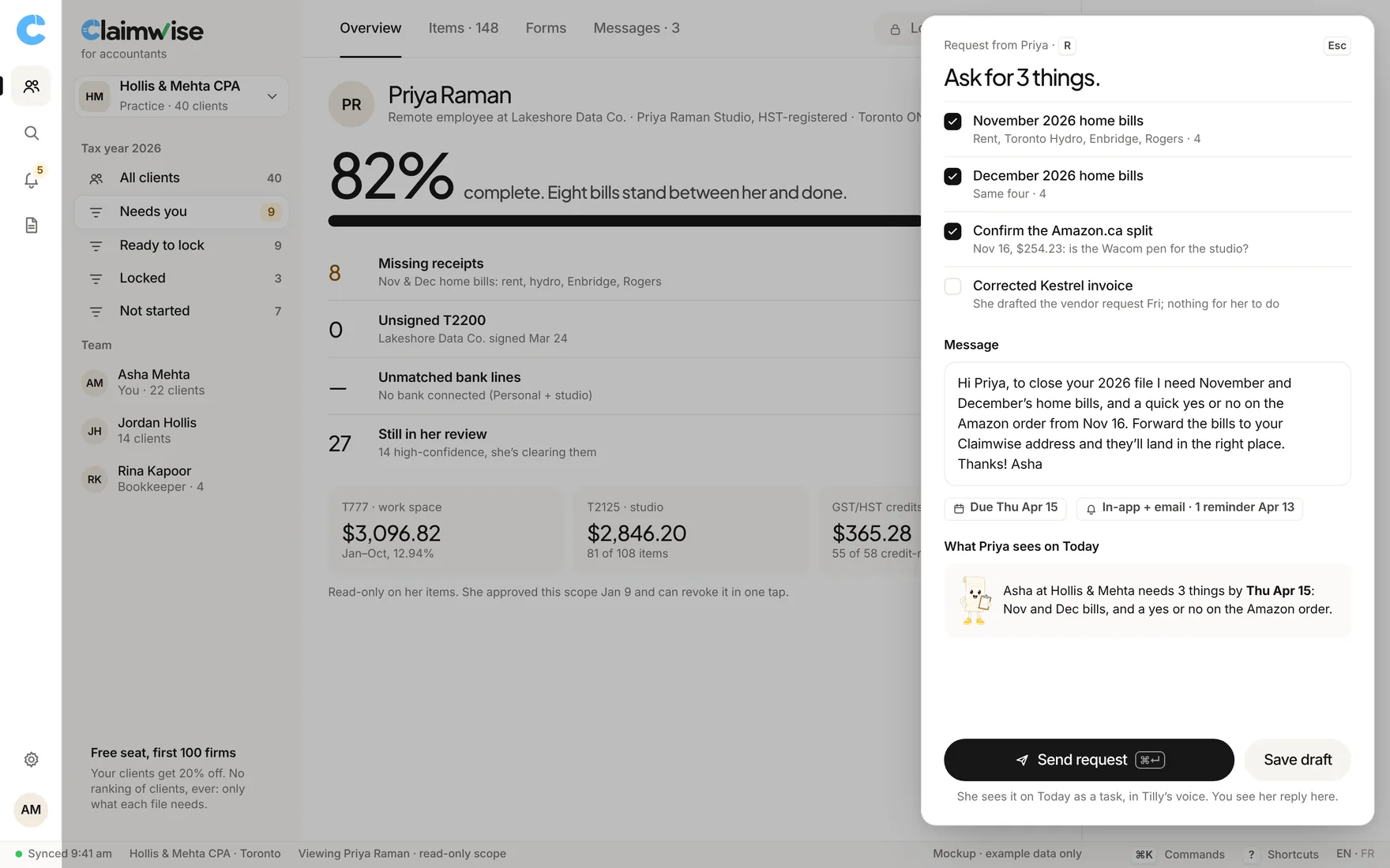 Claimwise app screen: cpa client request