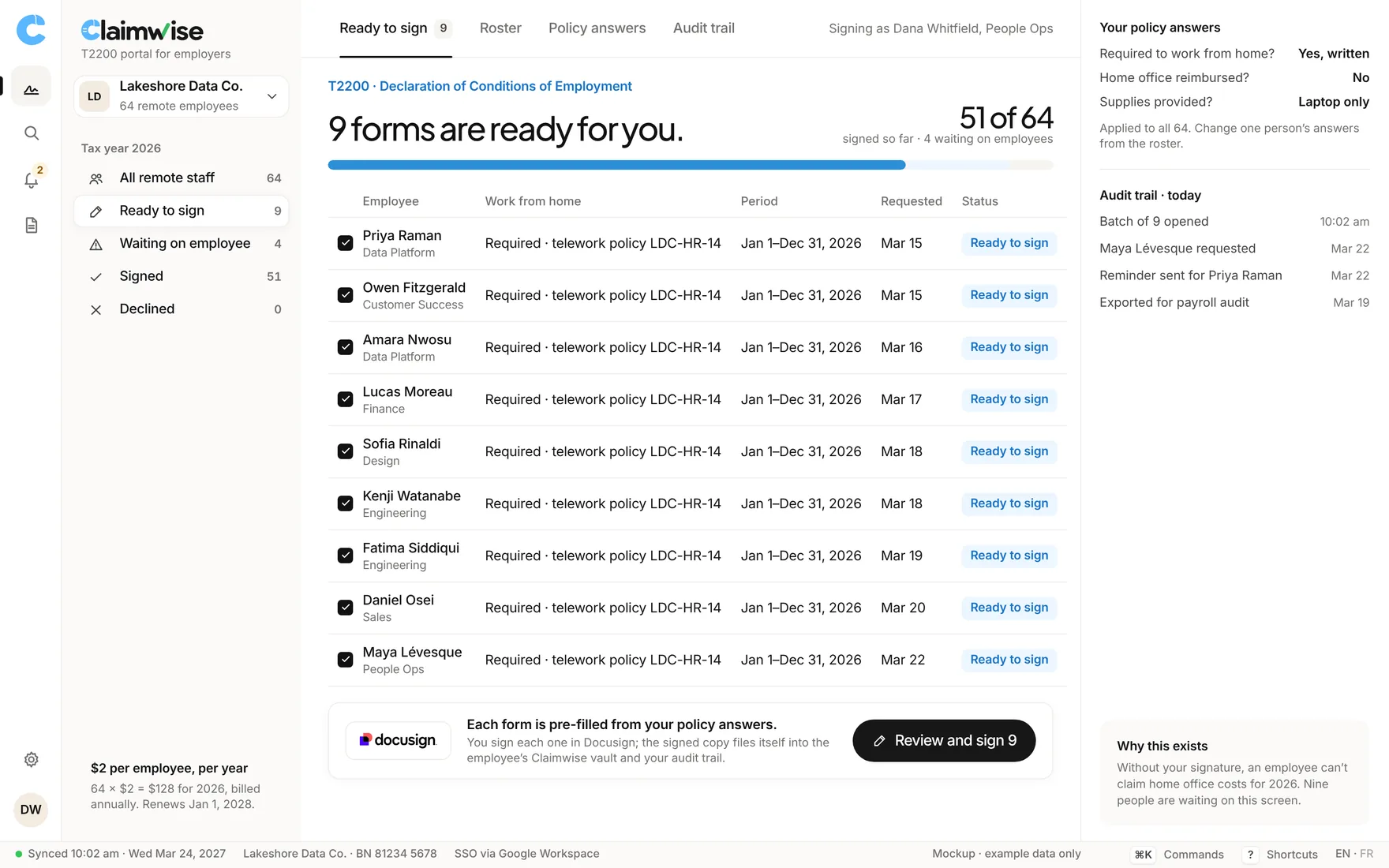 Claimwise app screen: hr t2200