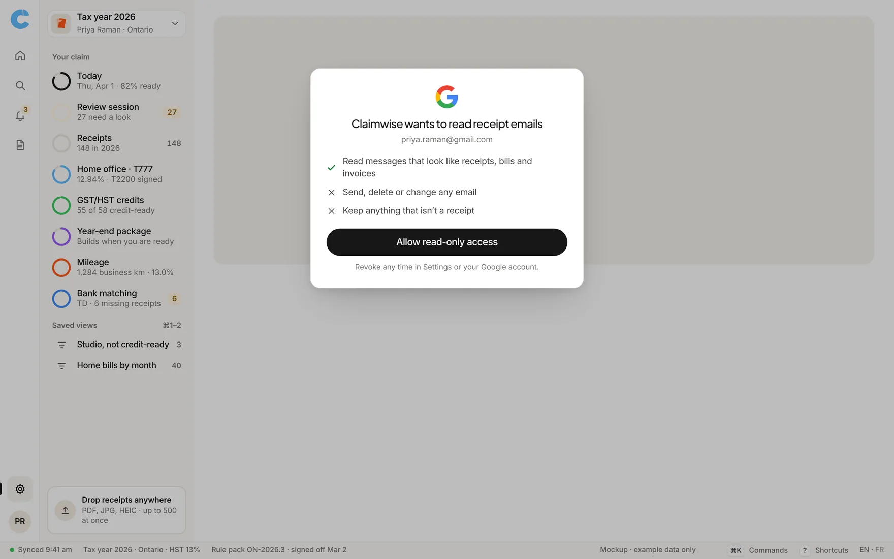 Claimwise app screen: inbox scan consent